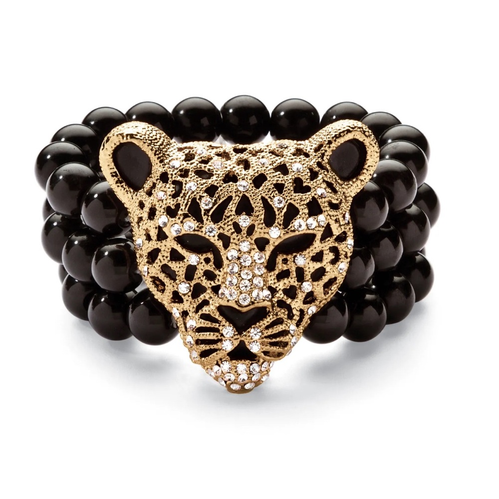 PalmBeach Jewelry Genuine Black Onyx and Crystal Leopard Stretch Bracelet